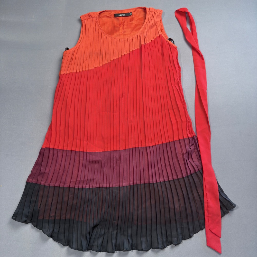Ark & Co Asymmetrical Pleated Dress in Orange, Red, Purple, and Black